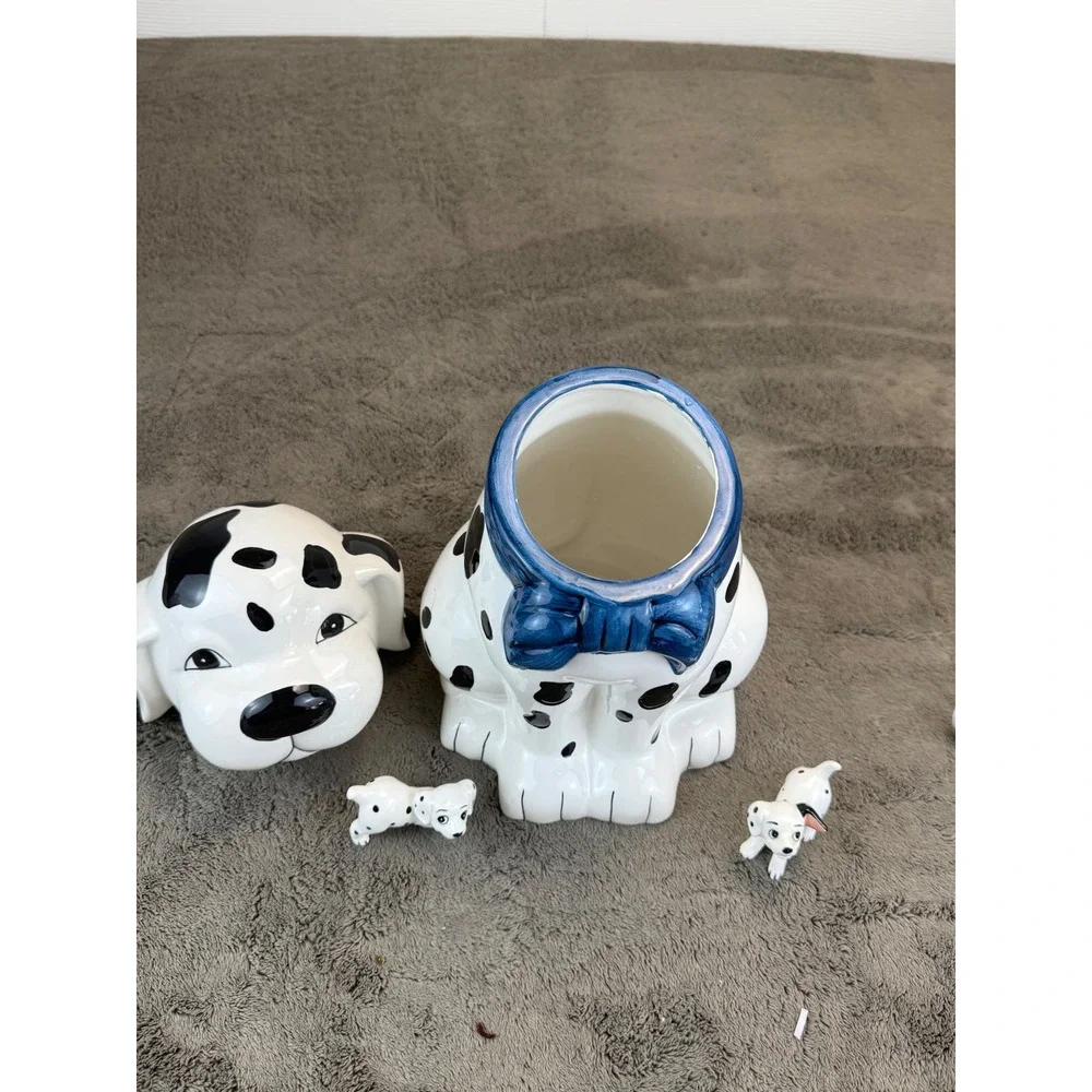 Vintage Dalmatian Ceramic Cookie Jar with‎ 2 Puppy Figurines Blue Bow Set
